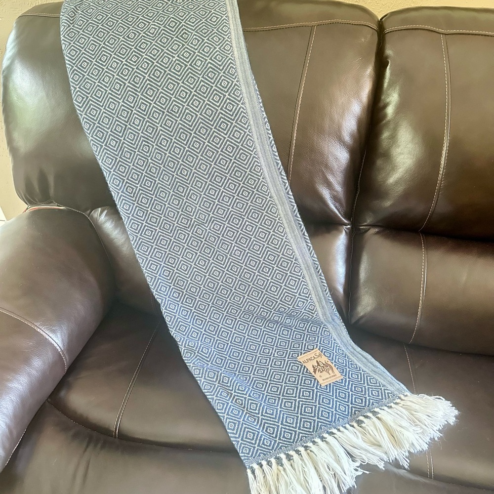 Beautiful Blue/Grey Geometric Patterned Peruvian Alpaca Throw with Fringe